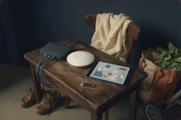 A painted still life of a router, Wi-Fi access point, iPad, USB stick, walking shoes, stroller, grocery bag, and baby blanket